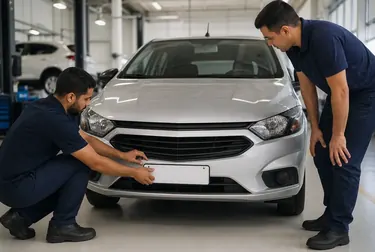Despachante auxiliando no registro do 1º emplacamento de um carro em Santa Maria.