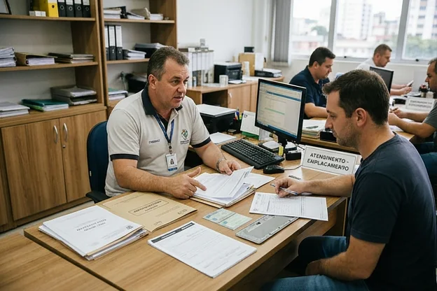 Profissional orientando sobre o processo de emplacamento em Santa Maria.